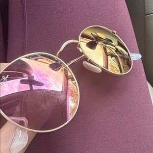 Ray Ban Gold Frame Pink Mirrored Round Sunglasses